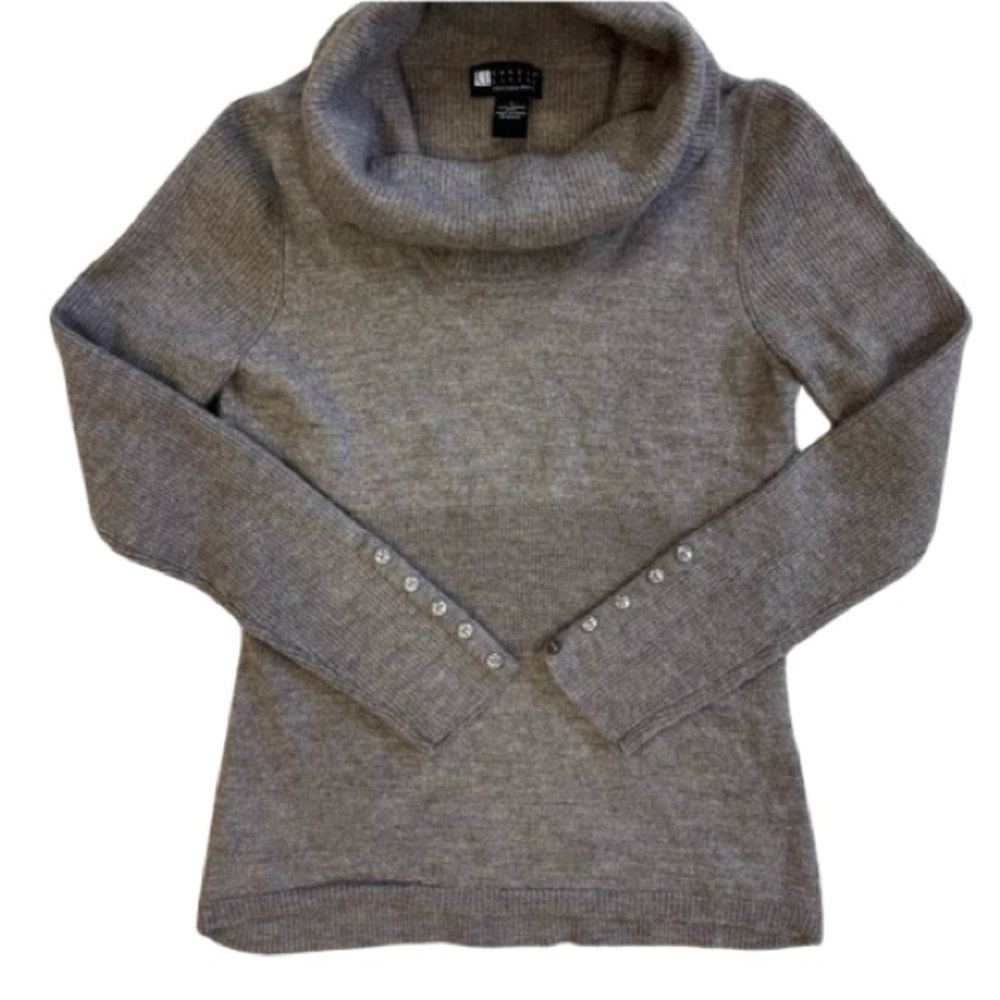 Carole Little 100% Merino Wool Taupe Turtleneck Sweater Button Detail